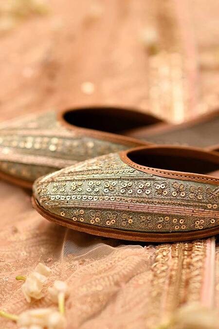 Buy Coral Haze Green Embroidered Escada Juttis Online at Aza Fashions Buy_Coral Haze_Green Embroidered Escada Juttis_Online_at_Aza_Fashions