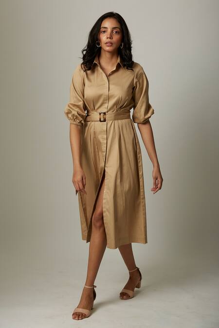 Buy Beige Cotton Satin Shirt Collar Dress With Belt For Women by