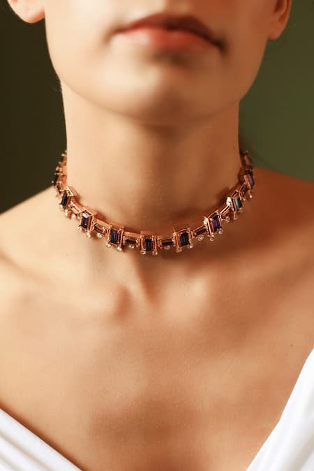 Shop_Esme By Aashna Dalmia_Gold Plated Crystal Geometric Choker _at_Aza_Fashions