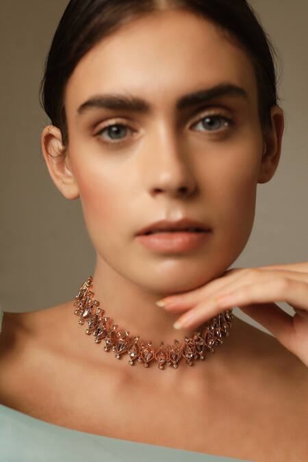 Shop_Esme By Aashna Dalmia_Gold Plated Crystal Teardrop Choker _at_Aza_Fashions