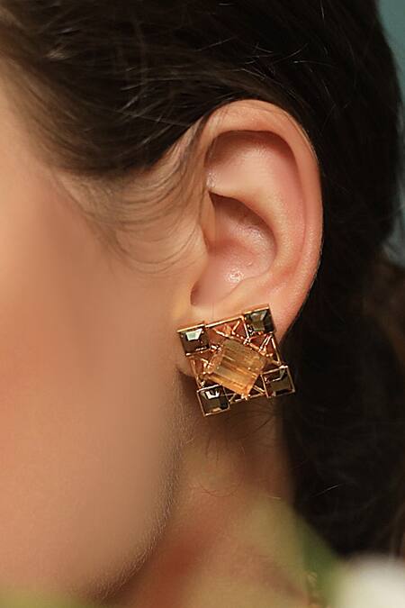 Shop_Esme By Aashna Dalmia_Gold Plated Embellished Geometric Crystal Stud Earrings _at_Aza_Fashions