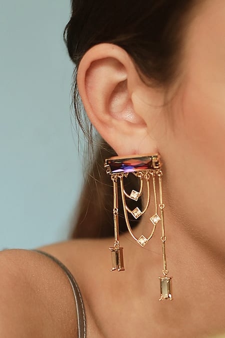 Shop_Esme By Aashna Dalmia_Gold Plated Embellished Crystal Chain Danglers _at_Aza_Fashions