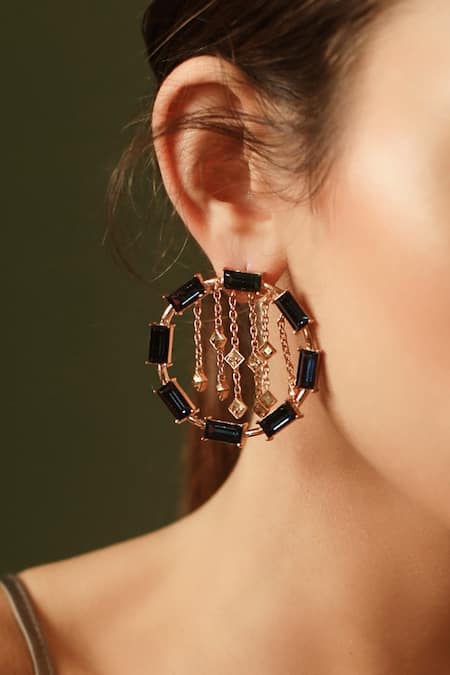 Shop_Esme By Aashna Dalmia_Gold Plated Embellished Crystal Chain Stud Earrings _at_Aza_Fashions