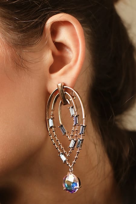 Shop_Esme By Aashna Dalmia_Gold Plated Embellished Crystal Cutwork Danglers _at_Aza_Fashions