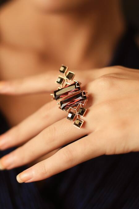 Shop_Esme By Aashna Dalmia_Gold Plated Crystal Geometric Ring _at_Aza_Fashions
