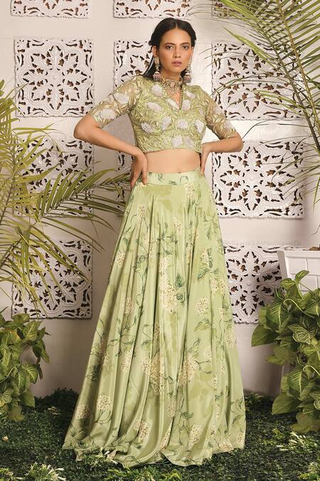Sachkiran Bimbra Green Embroidered Blouse And Skirt Set