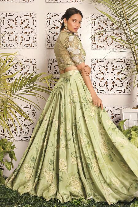 Shop Sachkiran Bimbra Green Embroidered Blouse And Skirt Set at Aza Fashions Shop_Sachkiran Bimbra_Green Embroidered Blouse And Skirt Set_at_Aza_Fashions