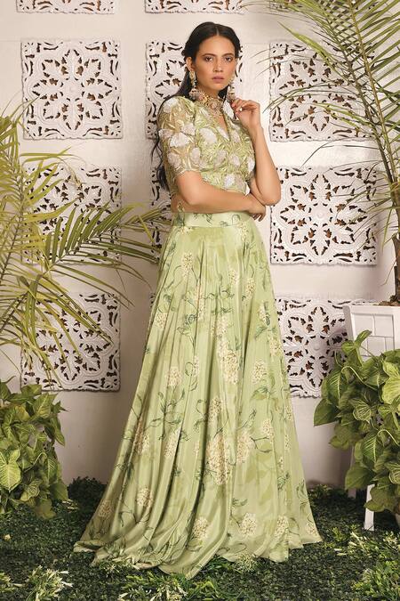 Sachkiran Bimbra Green Embroidered Blouse And Skirt Set Online at Aza Fashions Sachkiran Bimbra_Green Embroidered Blouse And Skirt Set_Online_at_Aza_Fashions