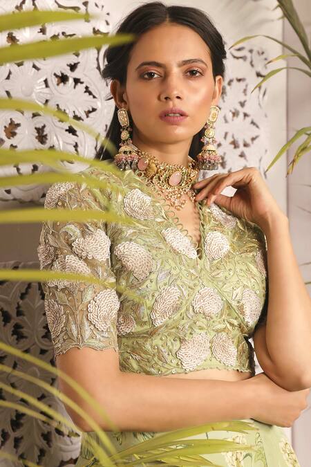 Buy Sachkiran Bimbra Green Embroidered Blouse And Skirt Set Online at Aza Fashions Buy_Sachkiran Bimbra_Green Embroidered Blouse And Skirt Set_Online_at_Aza_Fashions