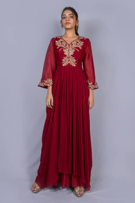 Ekru Maroon Georgette V Neck Embroidered Organza Kurta 