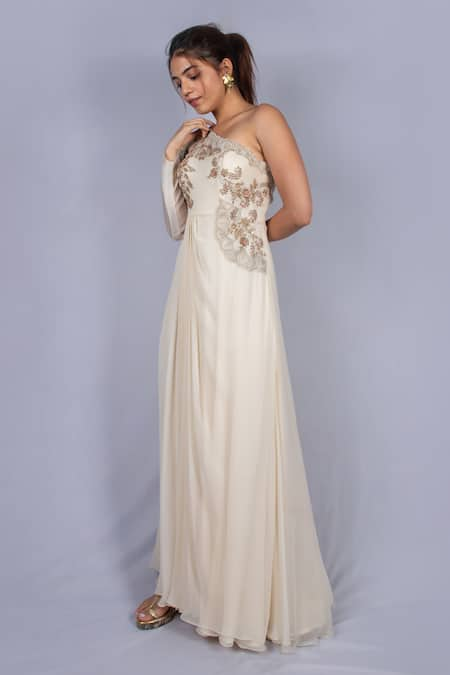 Ekru One Shoulder Organza Gown 