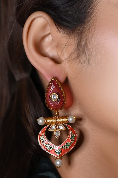 The Bling Girll_Gold Plated Pearls, Beads Leaf Motif Enamel Cutwork Drop Earrings _Online_at_Aza_Fashions