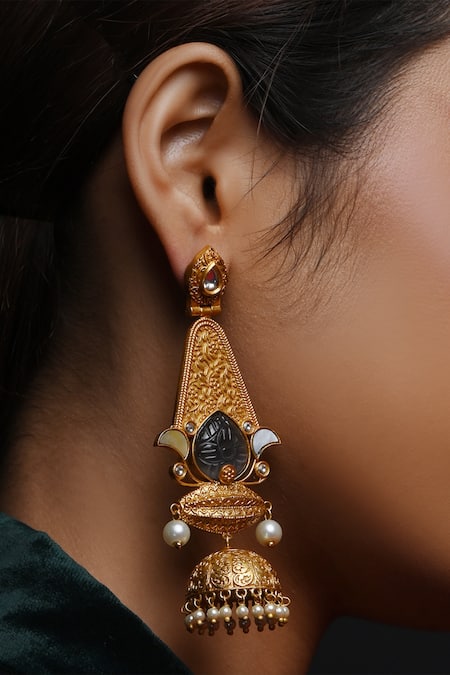 The Bling Girll_Gold Plated Pearls, Stones, Cut Work Moon Motif Jhumka Earrings _Online_at_Aza_Fashions