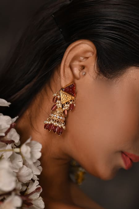 Shop The Bling Girll Gold Plated Stones, Beads, Tassels Studded Drop Jhumkas at Aza Fashions Shop_The Bling Girll_Gold Plated Stones, Beads, Tassels Studded Drop Jhumkas _at_Aza_Fashions