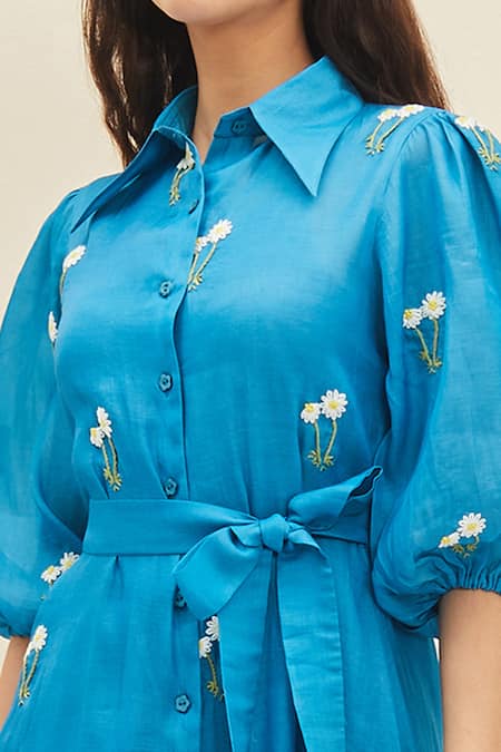 Buy_Meadow_Blue Silk, Cotton Organza Floral Shirt Collar Ether Puff Sleeve Dress_Online_at_Aza_Fashions