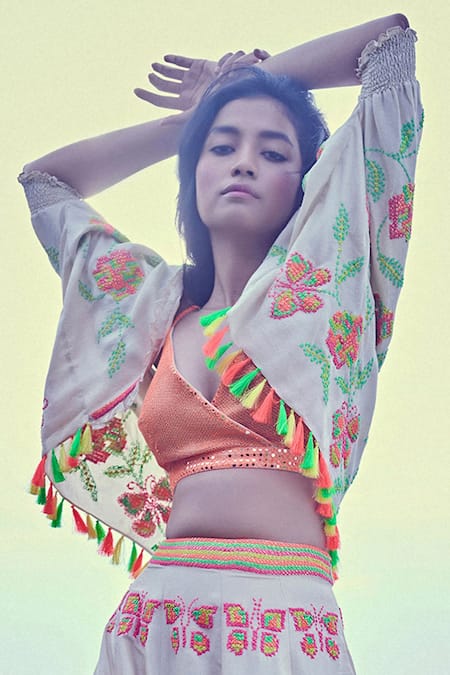 Surily G White Georgette Embroidered Cape Jacket  