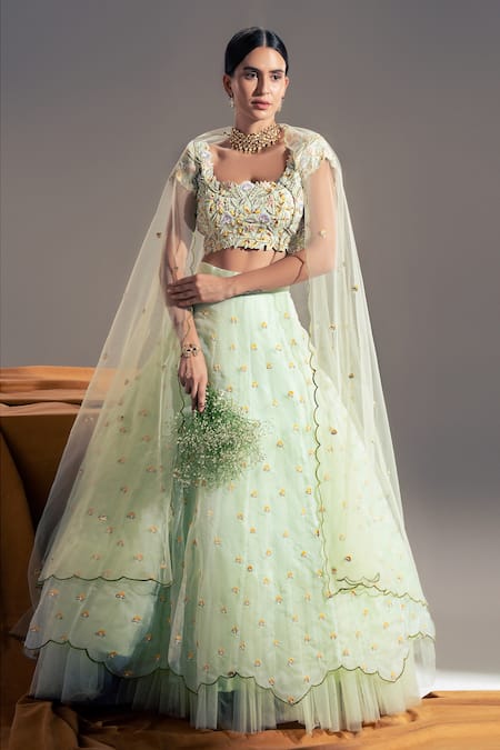 Buy Green Crepe Embroidered Floral Square Neck Lehenga Set For Women by ...