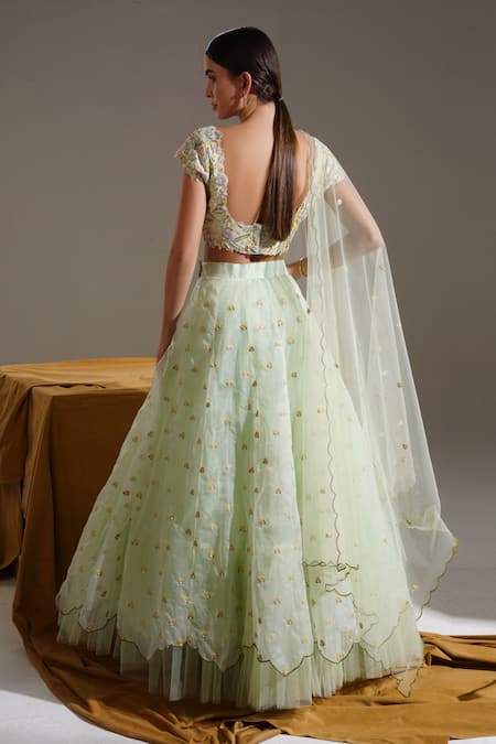 Shop Shloka Sudhakar Green Organza, Net, Crepe Floral Square Neck Embroidered Lehenga Set at Aza Fashions Shop_Shloka Sudhakar_Green Organza, Net, Crepe Floral Square Neck Embroidered Lehenga Set _at_Aza_Fashions