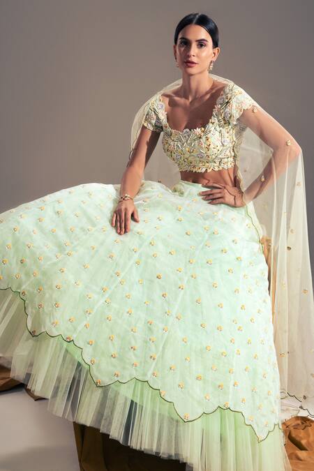 Shloka Sudhakar Green Organza, Net, Crepe Floral Square Neck Embroidered Lehenga Set Online at Aza Fashions Shloka Sudhakar_Green Organza, Net, Crepe Floral Square Neck Embroidered Lehenga Set _Online_at_Aza_Fashions