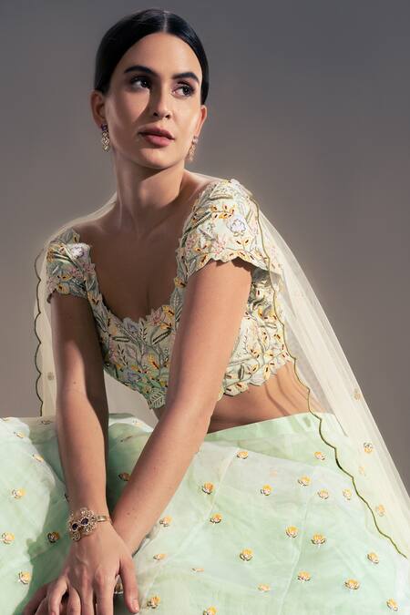 Buy Shloka Sudhakar Green Organza, Net, Crepe Floral Square Neck Embroidered Lehenga Set Online at Aza Fashions Buy_Shloka Sudhakar_Green Organza, Net, Crepe Floral Square Neck Embroidered Lehenga Set _Online_at_Aza_Fashions