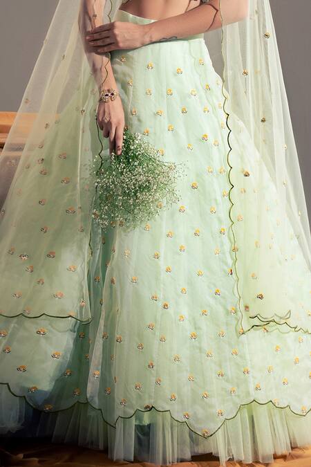 Shop Shloka Sudhakar Green Organza, Net, Crepe Floral Square Neck Embroidered Lehenga Set Online at Aza Fashions Shop_Shloka Sudhakar_Green Organza, Net, Crepe Floral Square Neck Embroidered Lehenga Set _Online_at_Aza_Fashions