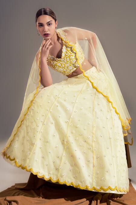 Shloka Sudhakar Yellow Organza, Net, Suede Floral V Neck Embroidered Lehenga Set Online at Aza Fashions Shloka Sudhakar_Yellow Organza, Net, Suede Floral V Neck Embroidered Lehenga Set _Online_at_Aza_Fashions