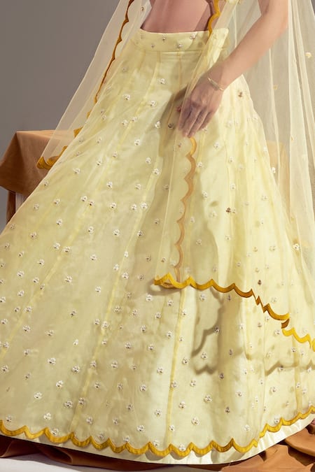 Shop Shloka Sudhakar Yellow Organza, Net, Suede Floral V Neck Embroidered Lehenga Set Online at Aza Fashions Shop_Shloka Sudhakar_Yellow Organza, Net, Suede Floral V Neck Embroidered Lehenga Set _Online_at_Aza_Fashions