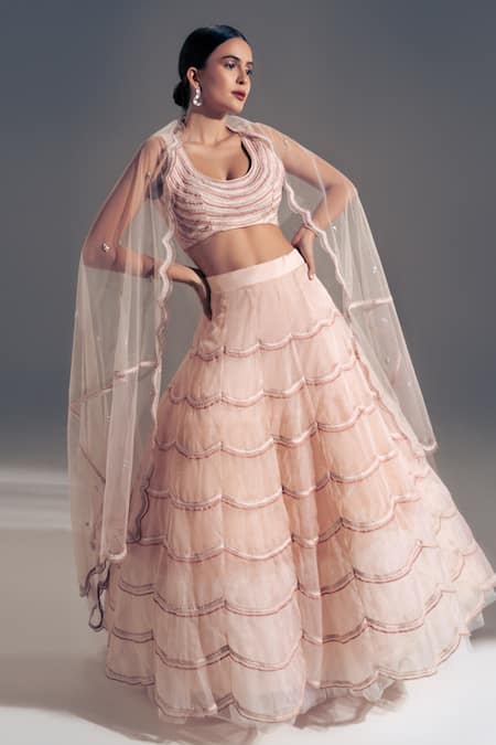 Shloka Sudhakar Pink Organza, Net Scallop U Neck Embroidered Lehenga Set 