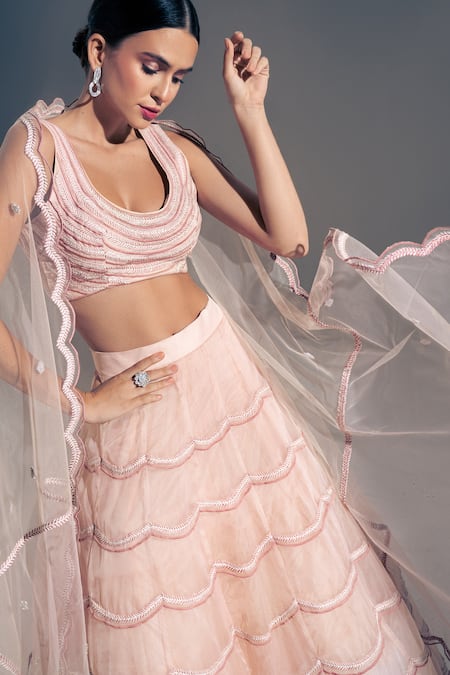 Shloka Sudhakar_Pink Organza, Net Scallop U Neck Embroidered Lehenga Set _Online_at_Aza_Fashions