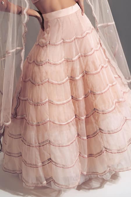 Shop_Shloka Sudhakar_Pink Organza, Net Scallop U Neck Embroidered Lehenga Set _Online_at_Aza_Fashions