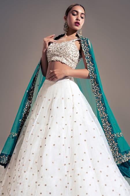 Shloka Sudhakar_White Raw Silk, Organza, Net Floral V Neck Embroidered Lehenga Set _Online_at_Aza_Fashions