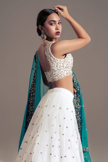 Malbari Silk Embroidery Lehenga Choli In White And Sky Blue Colour