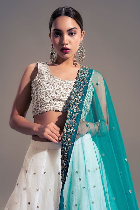 Shop_Shloka Sudhakar_White Raw Silk, Organza, Net Floral V Neck Embroidered Lehenga Set _Online_at_Aza_Fashions