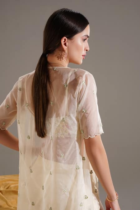 Shop Shloka Sudhakar Beige Organza, Crepe Floral Open Scallop Cape And Pant Set at Aza Fashions Shop_Shloka Sudhakar_Beige Organza, Crepe Floral Open Scallop Cape And Pant Set _at_Aza_Fashions