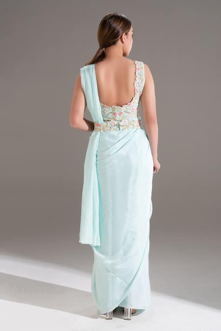 Shop Shloka Sudhakar Blue Crepe Embroidered Floral Saree With Blouse at Aza Fashions Shop_Shloka Sudhakar_Blue Crepe Embroidered Floral Saree With Blouse _at_Aza_Fashions