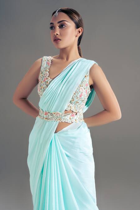 Shloka Sudhakar Blue Crepe Embroidered Floral Saree With Blouse Online at Aza Fashions Shloka Sudhakar_Blue Crepe Embroidered Floral Saree With Blouse _Online_at_Aza_Fashions