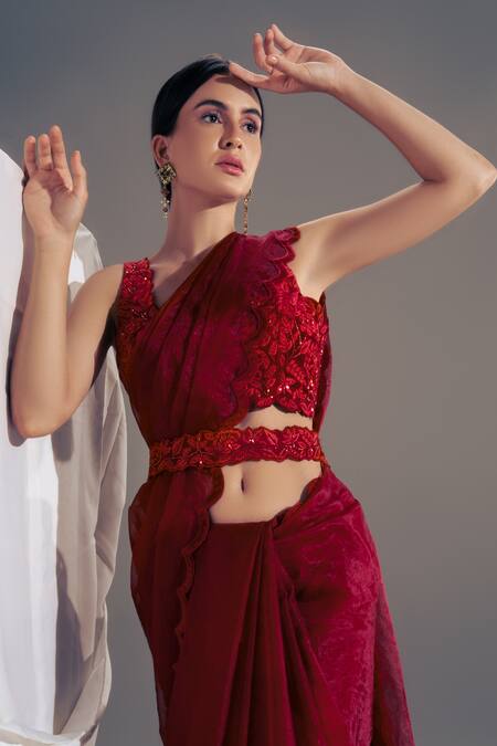 Shloka Sudhakar_Maroon Organza, Suede Floral Square Neck Scallop Saree With Blouse _Online_at_Aza_Fashions