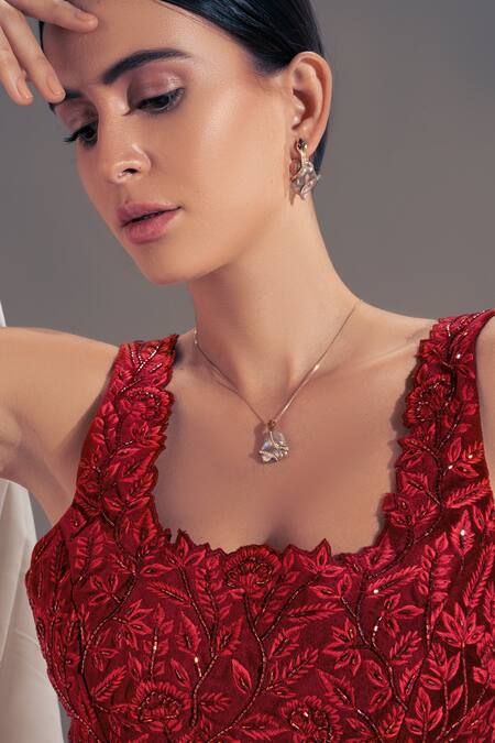 Buy_Shloka Sudhakar_Maroon Organza, Suede Floral Square Neck Scallop Saree With Blouse _Online_at_Aza_Fashions