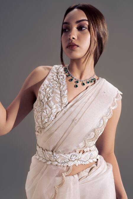 Buy Shloka Sudhakar Beige Organza, Suede Floral Square Neck Scallop Saree With Blouse Online at Aza Fashions Buy_Shloka Sudhakar_Beige Organza, Suede Floral Square Neck Scallop Saree With Blouse _Online_at_Aza_Fashions