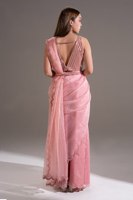 Shop Shloka Sudhakar Pink Organza, Suede Floral V Neck Scallop Saree With Blouse at Aza Fashions Shop_Shloka Sudhakar_Pink Organza, Suede Floral V Neck Scallop Saree With Blouse _at_Aza_Fashions