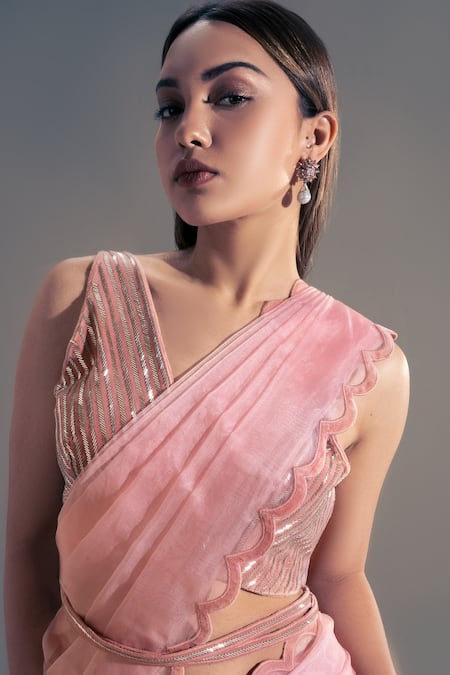 Buy Shloka Sudhakar Pink Organza, Suede Floral V Neck Scallop Saree With Blouse Online at Aza Fashions Buy_Shloka Sudhakar_Pink Organza, Suede Floral V Neck Scallop Saree With Blouse _Online_at_Aza_Fashions