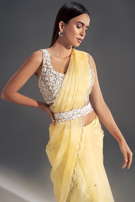 Shloka Sudhakar_Yellow Organza, Suede Floral Scallop Saree With Blouse _Online_at_Aza_Fashions