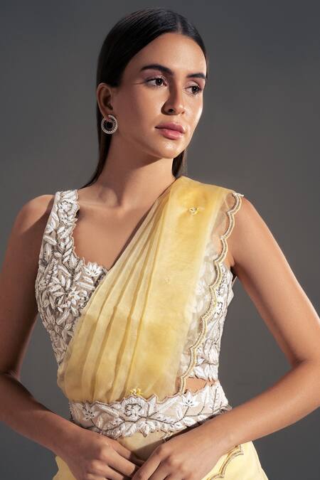 Buy_Shloka Sudhakar_Yellow Organza, Suede Floral Scallop Saree With Blouse _Online_at_Aza_Fashions