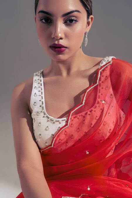 Shloka Sudhakar Red Organza, Crepe Floral Square Neck Saree With Embroidered Blouse Online at Aza Fashions Shloka Sudhakar_Red Organza, Crepe Floral Square Neck Saree With Embroidered Blouse _Online_at_Aza_Fashions