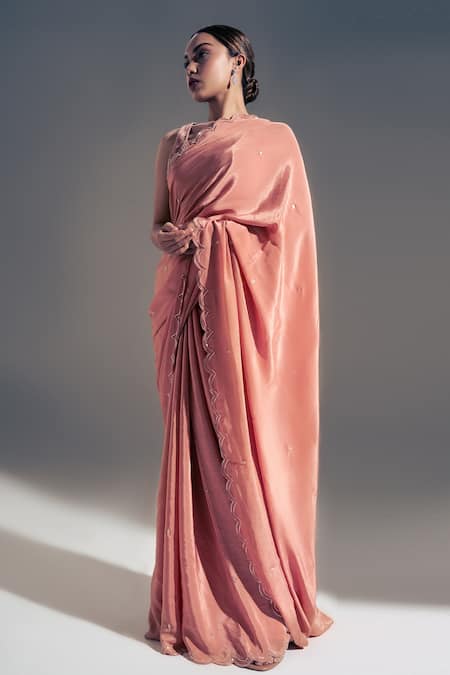 Shloka Sudhakar Pink Crepe, Suede Floral Scallop Saree With Embroidered Blouse 