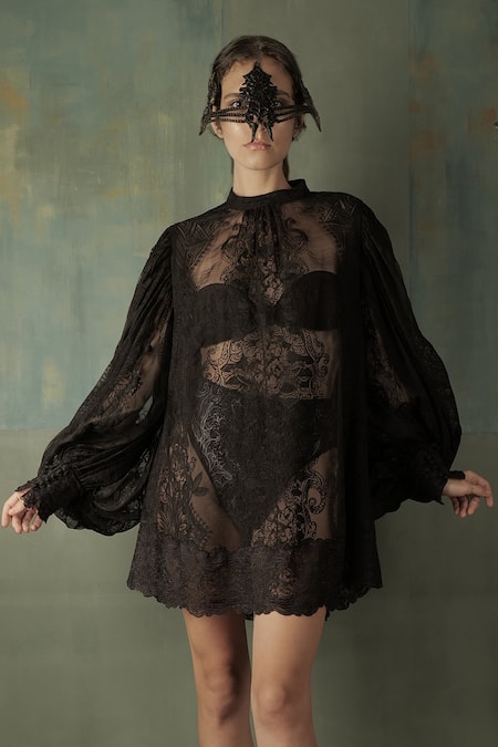 Nidhi Yasha_Black Viscose Embroidered Crew Neck Balloon Sleeve Dress  _Online_at_Aza_Fashions