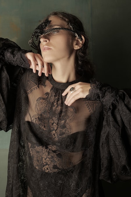 Buy_Nidhi Yasha_Black Viscose Embroidered Crew Neck Balloon Sleeve Dress  _Online_at_Aza_Fashions