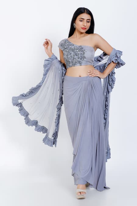 Vedangi Agarwal Grey Lycra Draped Skirt Set 