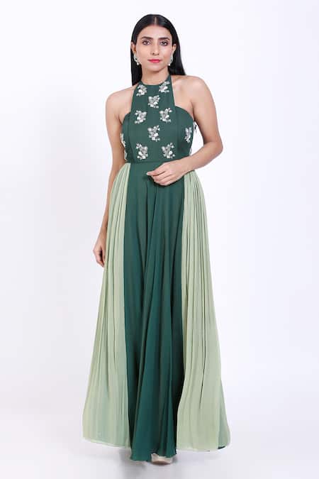 Vedangi Agarwal Green Georgette Halter Embroidered Gown 