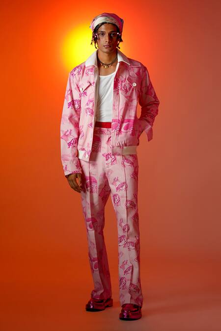 TRIUNE Pink Ecru Denim Print Yak And Palm Leaves Jacket 